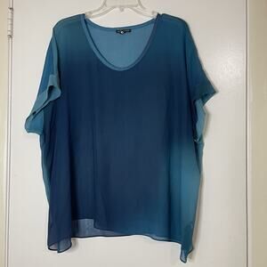 Eileen fisher blue ombre silk knit sheer short sleeve blouse large
